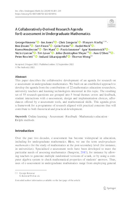 A collaboratively-derived research agenda for e-assessment in undergraduate mathematics Thumbnail