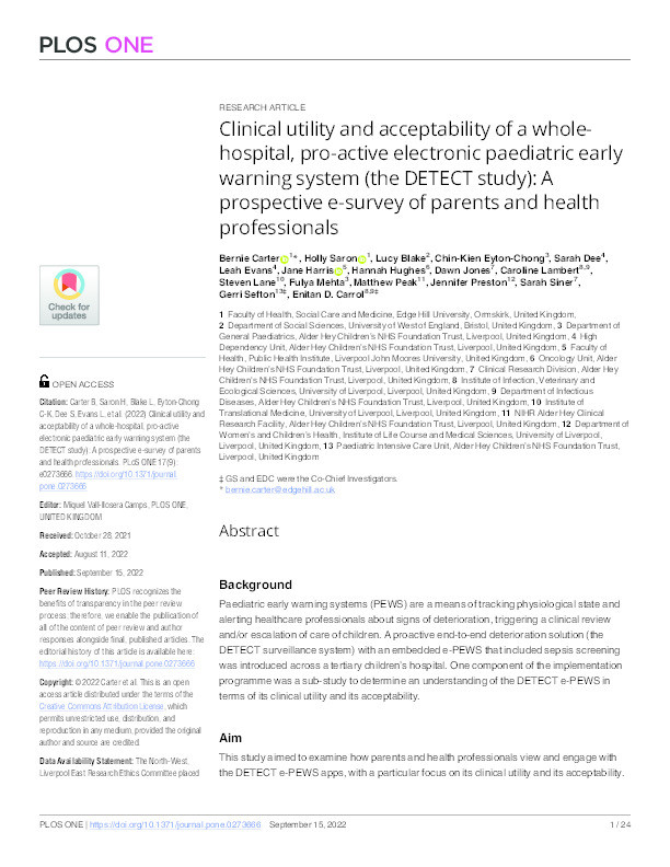 Clinical utility and acceptability of a whole-hospital, pro-active electronic paediatric early warning system (the DETECT study): A prospective e-survey of parents and health professionals Thumbnail