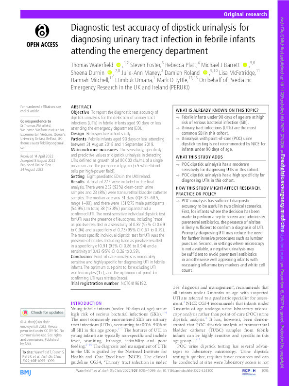 Diagnostic test accuracy of dipstick urinalysis for diagnosing urinary tract infection in febrile infants attending the emergency department Thumbnail