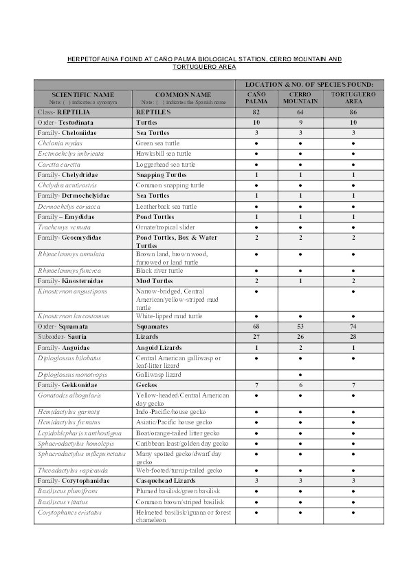 Herpetofauna found at Caño Palma Biological Station, Cerro Mountain and Tortuguero area Thumbnail