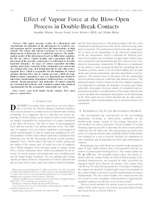 Effect of vapour force at the blow-open process in double-break contacts Thumbnail