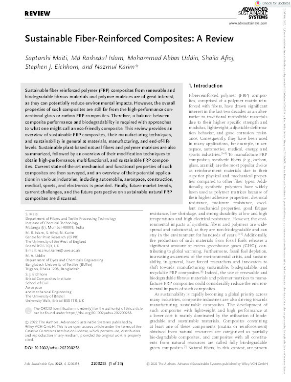 Sustainable fiber‐reinforced composites: A review Thumbnail