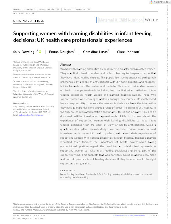 Supporting women with learning disabilities in infant feeding decisions: UK health care professionals' experiences Thumbnail