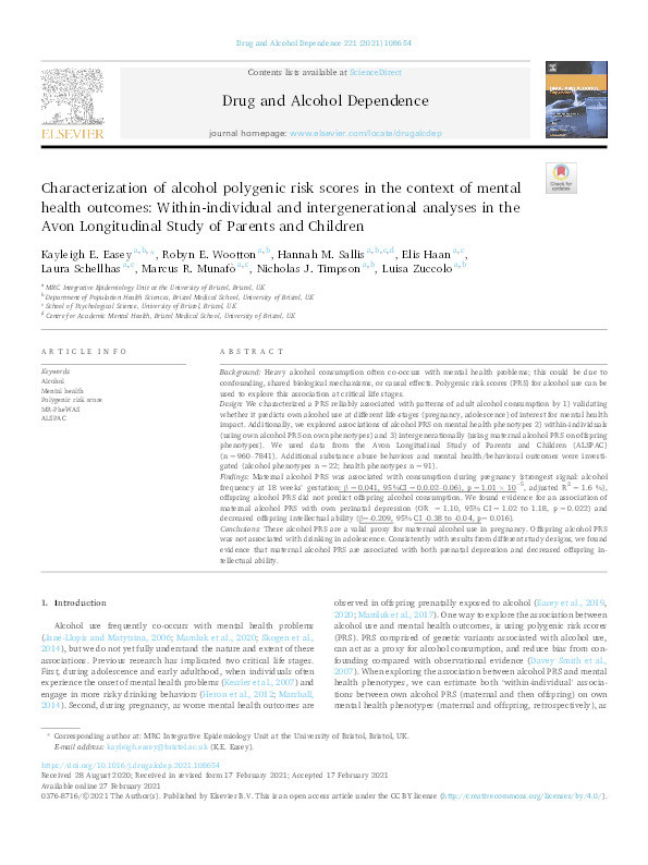 Characterization of alcohol polygenic risk scores in the context of mental health outcomes: Within-individual and intergenerational analyses in the Avon Longitudinal Study of Parents and Children Thumbnail