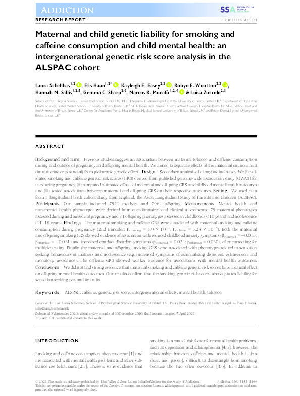 Maternal and child genetic liability for smoking and caffeine consumption and child mental health: An intergenerational genetic risk score analysis in the ALSPAC cohort Thumbnail