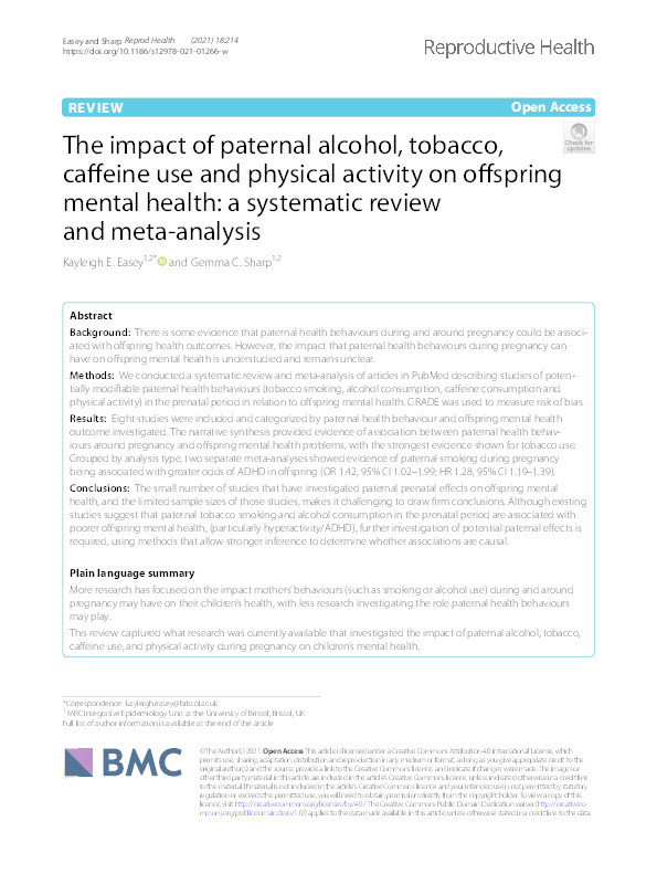 The impact of paternal alcohol, tobacco, caffeine use and physical activity on offspring mental health: A systematic review and meta-analysis Thumbnail