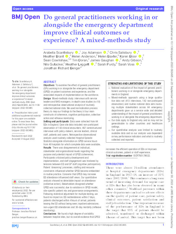 Do general practitioners working in or alongside the emergency department improve clinical outcomes or experience? A mixed-methods study Thumbnail