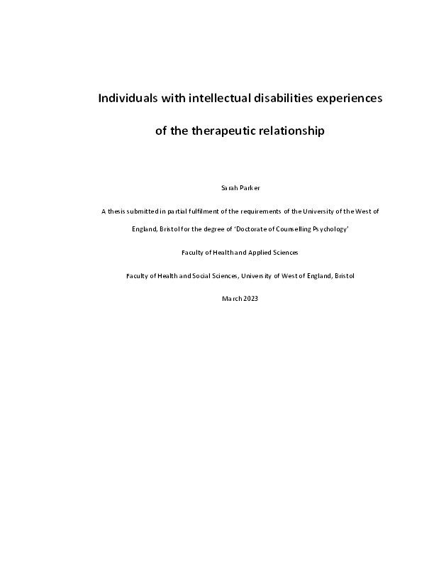 Individuals with intellectual disabilities experiences of the therapeutic relationship Thumbnail