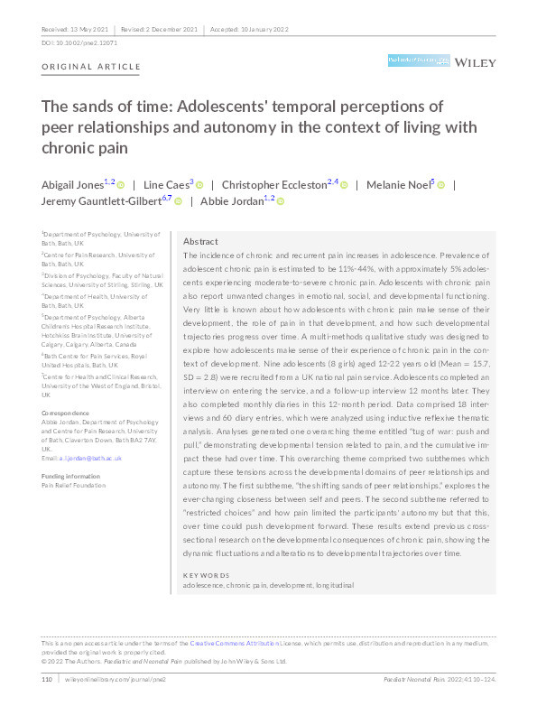 The sands of time: Adolescents' temporal perceptions of peer relationships and autonomy in the context of living with chronic pain Thumbnail