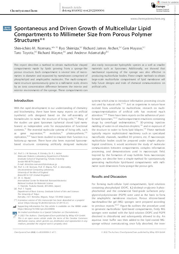 Spontaneous and driven growth of multicellular lipid compartments to millimeter size from porous polymer structures** Thumbnail