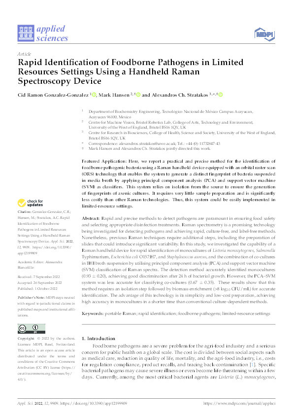 Rapid identification of foodborne pathogens in limited resources settings using a handheld Raman spectroscopy device Thumbnail