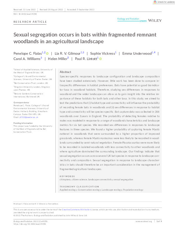 Sexual segregation occurs in bats within fragmented remnant woodlands in an agricultural landscape Thumbnail
