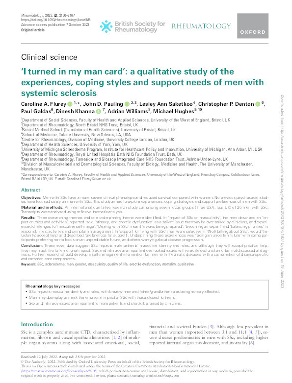 "I turned in my man card": A qualitative study of the experiences, coping styles and support needs of men with systemic sclerosis Thumbnail