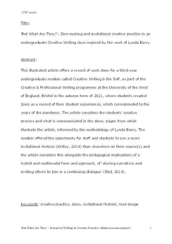 ‘But what are they?’: Zine-making and invitational creative practice in an undergraduate Creative Writing class inspired by the work of Lynda Barry Thumbnail