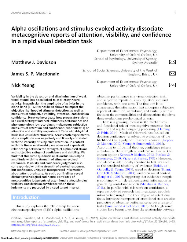 Alpha oscillations and stimulus-evoked activity dissociate metacognitive reports of attention, visibility, and confidence in a rapid visual detection task Thumbnail