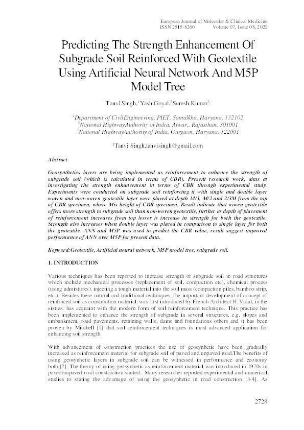 Prediction of strength enhancement of subgrade soil reinforced with geotextile using artificial neural network and M5P model tree Thumbnail