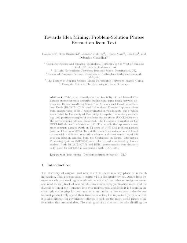 Towards idea mining: Problem-solution phrases extraction from text Thumbnail