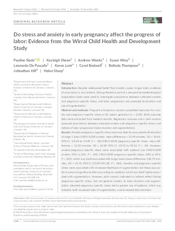 Do stress and anxiety in early pregnancy affect the progress of labor: Evidence from the Wirral Child Health and Development Study Thumbnail