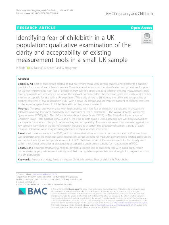 Identifying fear of childbirth in a UK population: Qualitative examination of the clarity and acceptability of existing measurement tools in a small UK sample Thumbnail