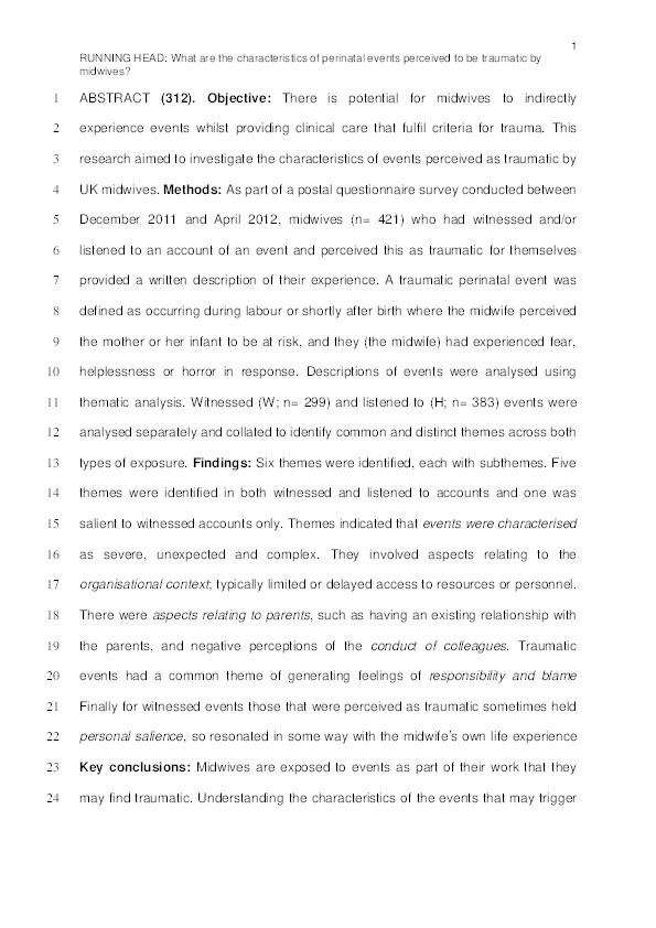 What are the characteristics of perinatal events perceived to be traumatic by midwives? Thumbnail