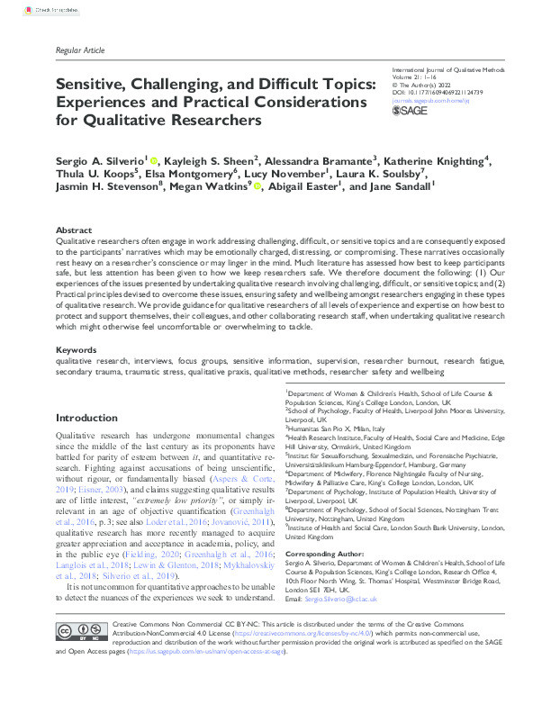 Sensitive, challenging, and difficult topics: Experiences and practical considerations for qualitative researchers Thumbnail