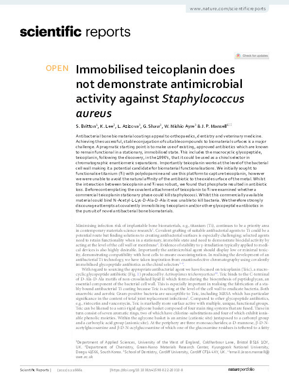 Immobilised teicoplanin does not demonstrate antimicrobial activity against Staphylococcus aureus Thumbnail