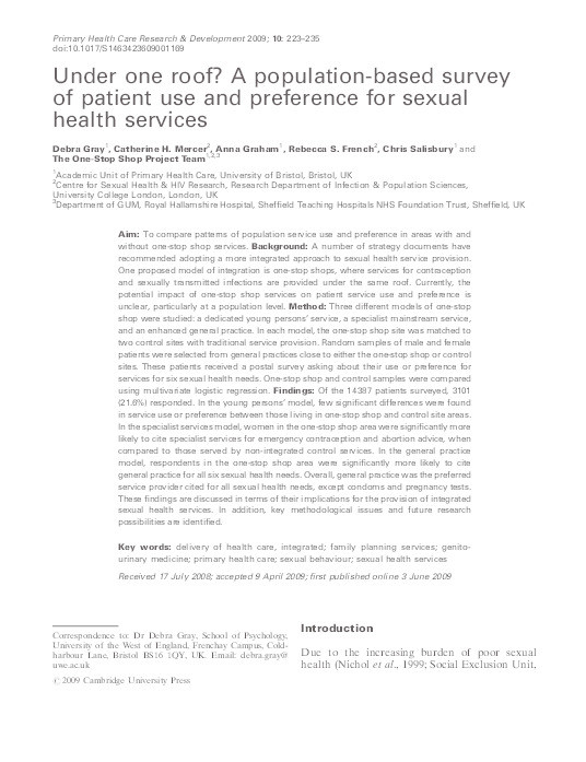 Under one roof? A population-based survey of patient use and preference for sexual health services Thumbnail