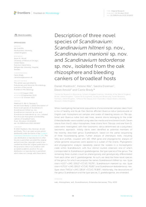 Description of three novel species of Scandinavium: Scandinavium hiltneri sp. nov., Scandinavium manionii sp. nov. and Scandinavium tedordense sp. nov., isolated from the oak rhizosphere and bleeding cankers of broadleaf hosts Thumbnail