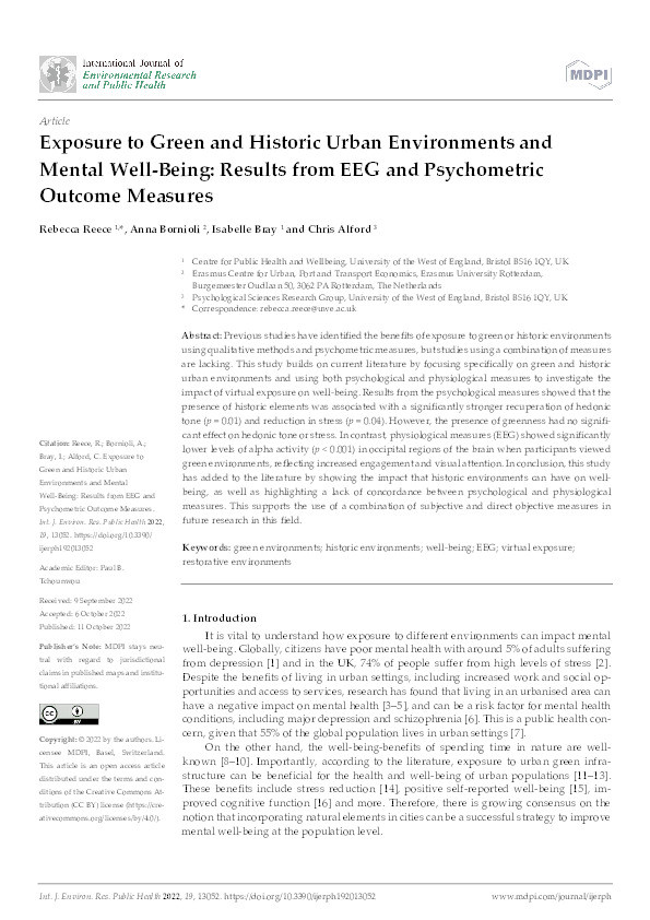 Exposure to green and historic urban environments and mental well-being: Results from EEG and psychometric outcome measures Thumbnail