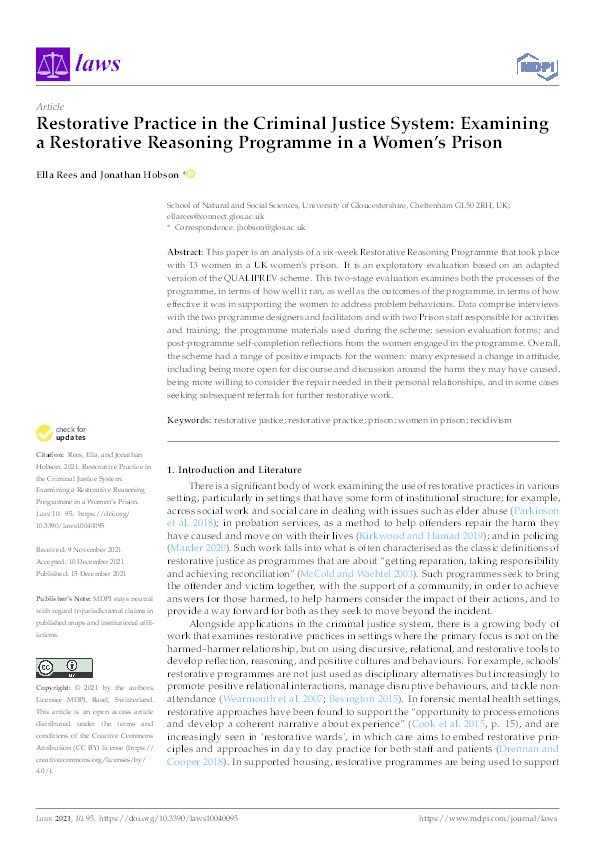 Restorative practice in the criminal justice system: Examining a restorative reasoning programme in a women’s prison Thumbnail