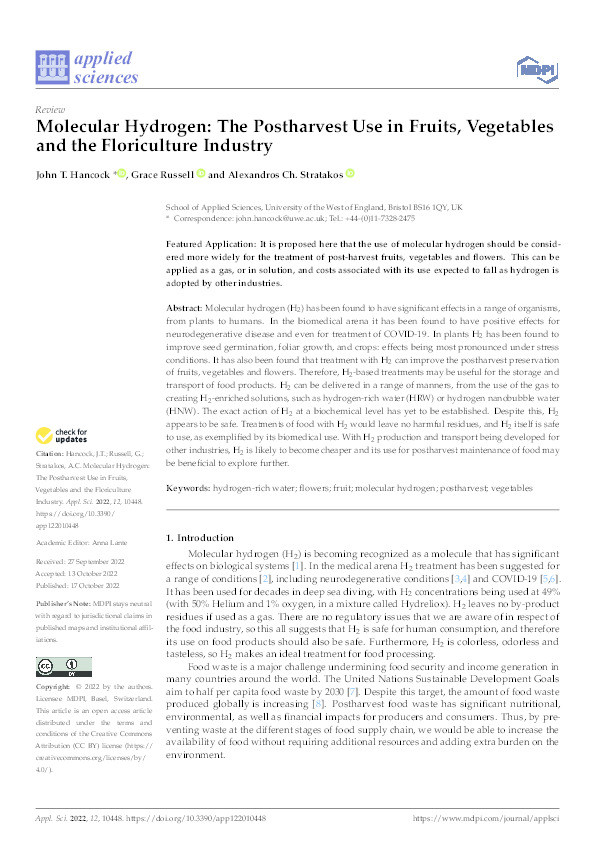 Molecular Hydrogen: The postharvest use in fruits, vegetables and the floriculture industry Thumbnail