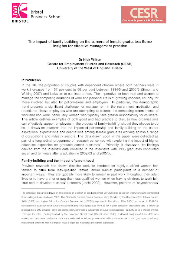 The impact of family-building on the careers of female graduates: Some insights for effective management practice Thumbnail