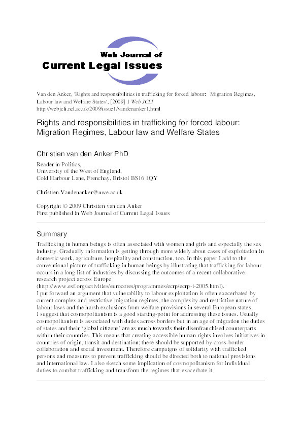 Rights and responsibilities in trafficking for forced labour: Migration regimes, labour law and welfare states Thumbnail