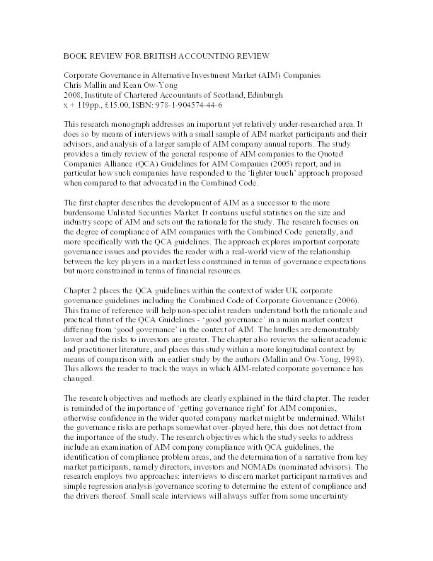 Book review: Chris Mallin and Kean Ow-Yong, Corporate governance in alternative investment market (AIM) companies x+119pp., £15.00, Institute of Chartered Accountants of Scotland, Edinburgh, United Kingdom (2008) ISBN 978-1-904574-44-6 Thumbnail