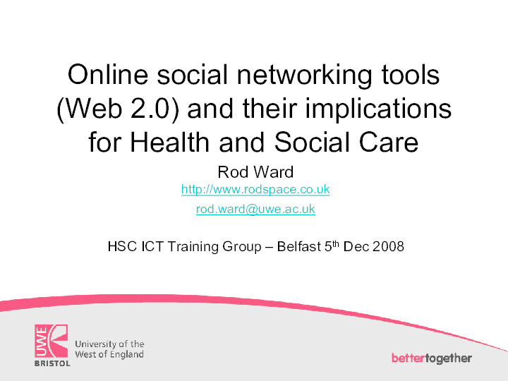 Online social networking tools (Web 2.0) and their implications for Health and Social Care Thumbnail
