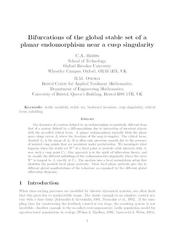 Bifurcations of the global stable set of a planar endomorphism near a cusp singularity Thumbnail