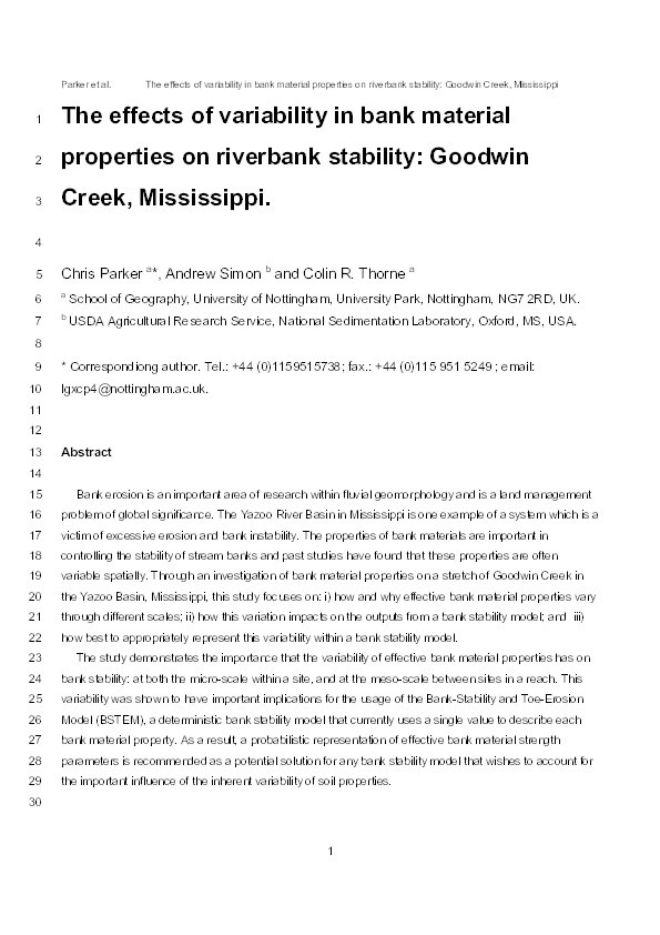 The effects of variability in bank material properties on riverbank stability: Goodwin Creek, Mississippi Thumbnail