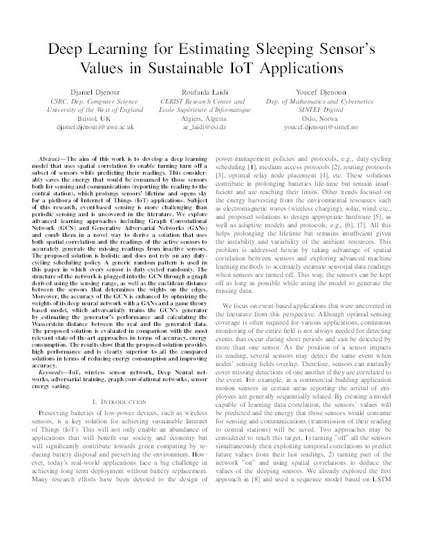 Deep learning for estimating sleeping sensor’s values in sustainable IoT applications Thumbnail