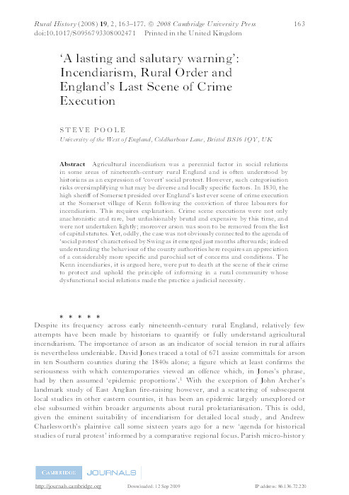'A lasting and salutary warning': Incendiarism, rural order and England's last scene of crime execution Thumbnail