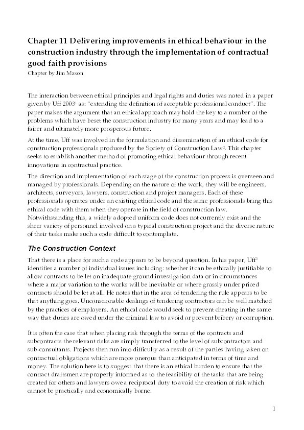 Delivering improvements in ethical behaviour in the construction industry through the implementation of contractual good faith provisions Thumbnail