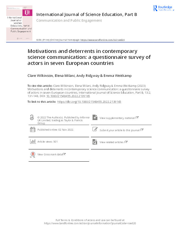 Motivations and deterrents in contemporary science communication: A questionnaire survey of actors in seven European countries Thumbnail