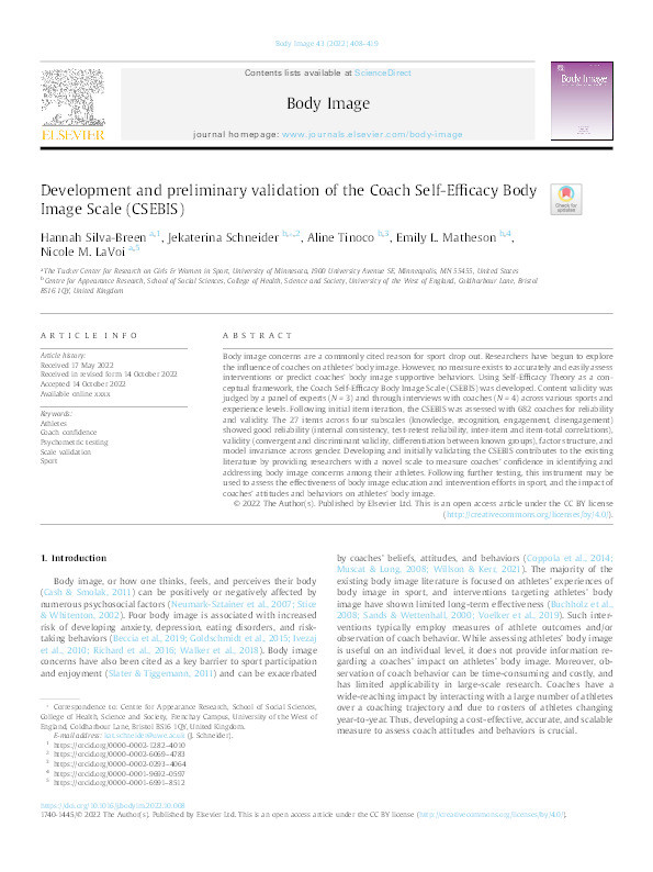 Development and preliminary validation of the Coach Self-Efficacy Body Image Scale (CSEBIS) Thumbnail
