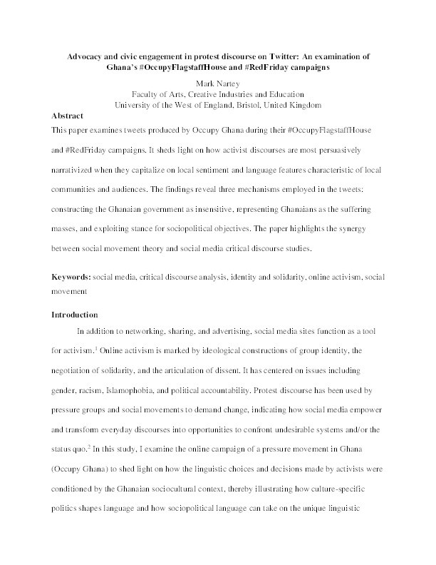 Advocacy and civic engagement in protest discourse on Twitter: An examination of Ghana’s #OccupyFlagstaffHouse and #RedFriday campaigns Thumbnail