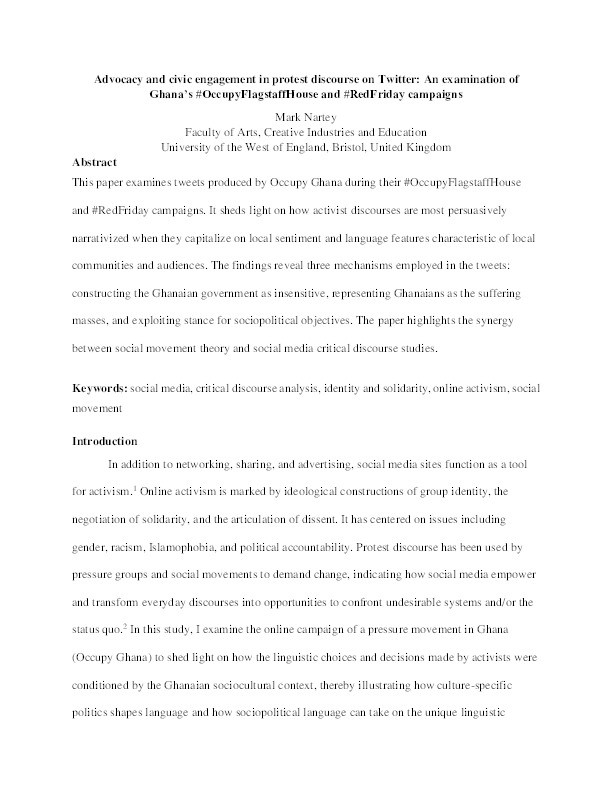 Advocacy and civic engagement in protest discourse on Twitter: An examination of Ghana’s #OccupyFlagstaffHouse and #RedFriday campaigns Thumbnail