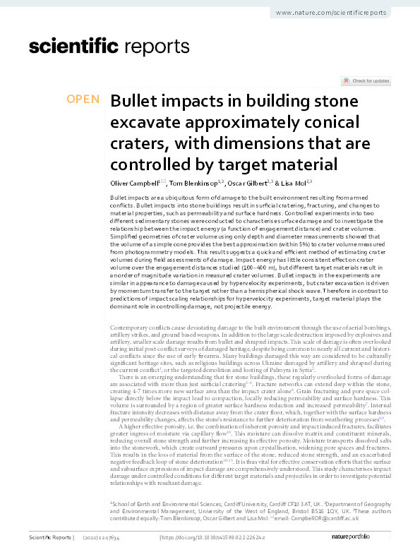 Bullet impacts in building stone excavate approximately conical craters, with dimensions that are controlled by target material Thumbnail