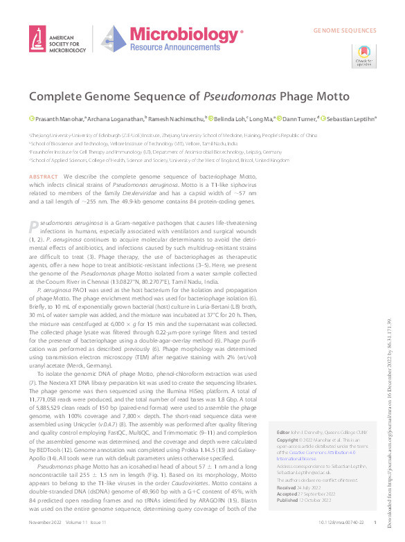Complete genome sequence of Pseudomonas Phage Motto Thumbnail