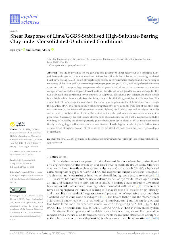 Shear response of Lime/GGBS-Stabilised High-Sulphate-Bearing Clay under consolidated-undrained conditions Thumbnail