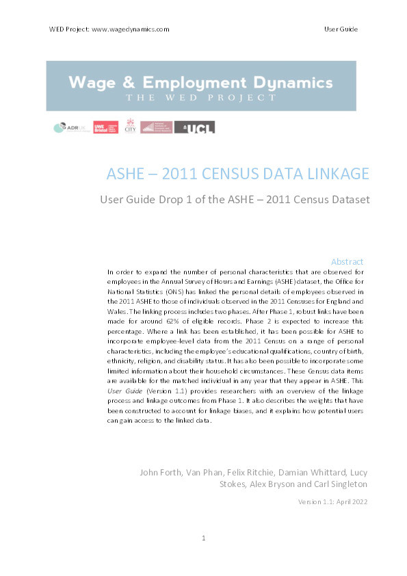 ASHE – 2011 Census Data Linkage:  User Guide Drop 1 of the ASHE – 2011 Census Dataset Thumbnail