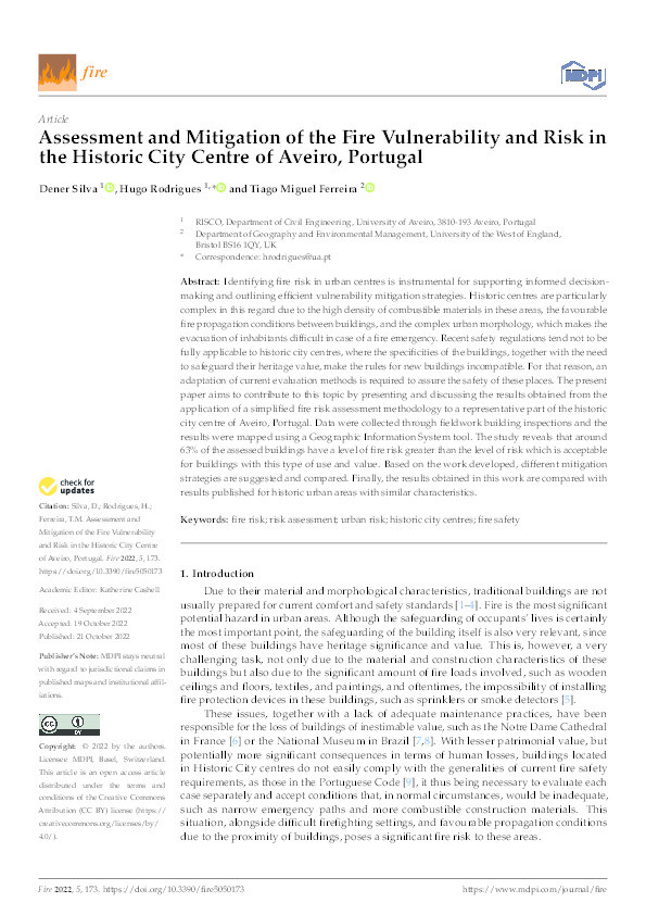 Assessment and mitigation of the fire vulnerability and risk in the historic city centre of Aveiro, Portugal Thumbnail