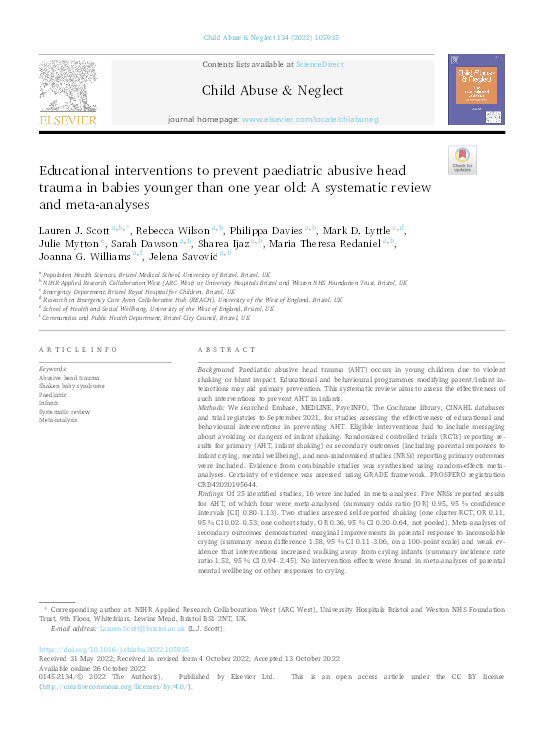 Educational interventions to prevent paediatric abusive head trauma in babies younger than one year old: A systematic review and meta-analyses Thumbnail